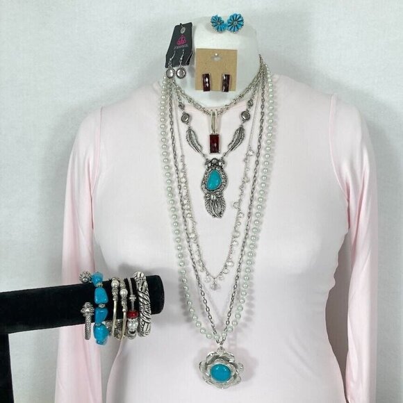 Blue & Ruby Red Silver Tone Jewelry Set Paparazzi Necklace and Earring Set - Picture 1 of 12